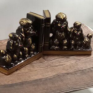 Black POODLE Two Dogs Gilded Black BOOK ENDS Japan Red Ware 5x6" Vtg